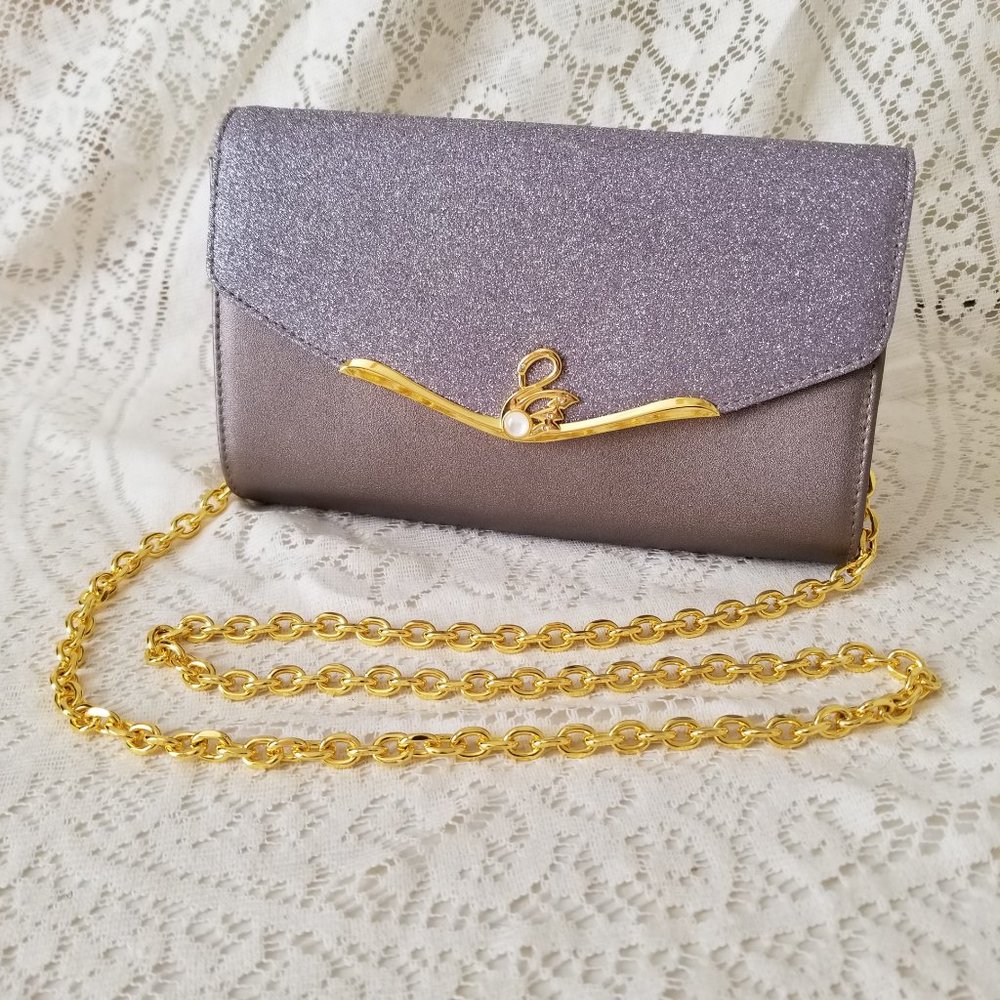 New! Silver Clutch Evening Bag w/Detachable Gold-tone Shoulder Chain & RFID